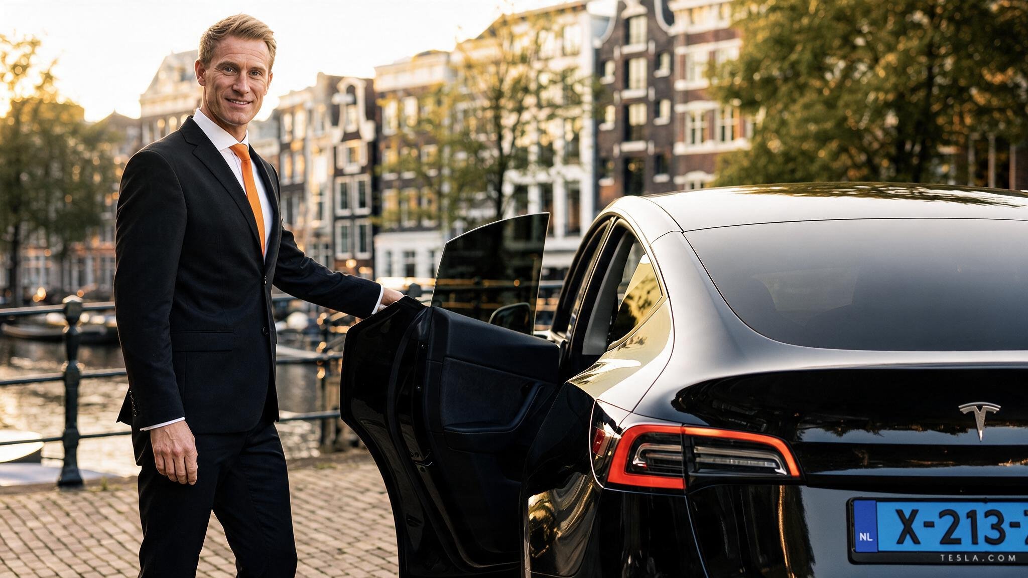 Professionele chauffeur van Orange Taxi naast een Tesla Model Y in Amsterdam